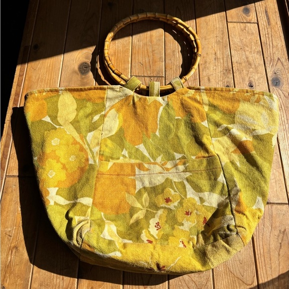 Handbags - Floral Yellow Tote Bag with Bamboo Handles